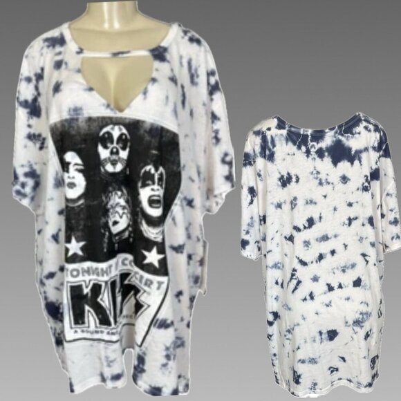 Vinyl Icons +3 Black Tie-Dye Choker V-Neck Kiss Band Graphic Short Sleeve Tee - Picture 1 of 5
